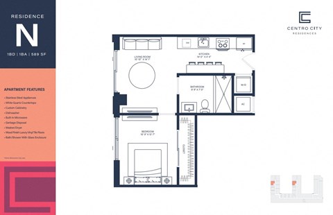A floor plan of a residence with a kitchen, living room, and bathroom.